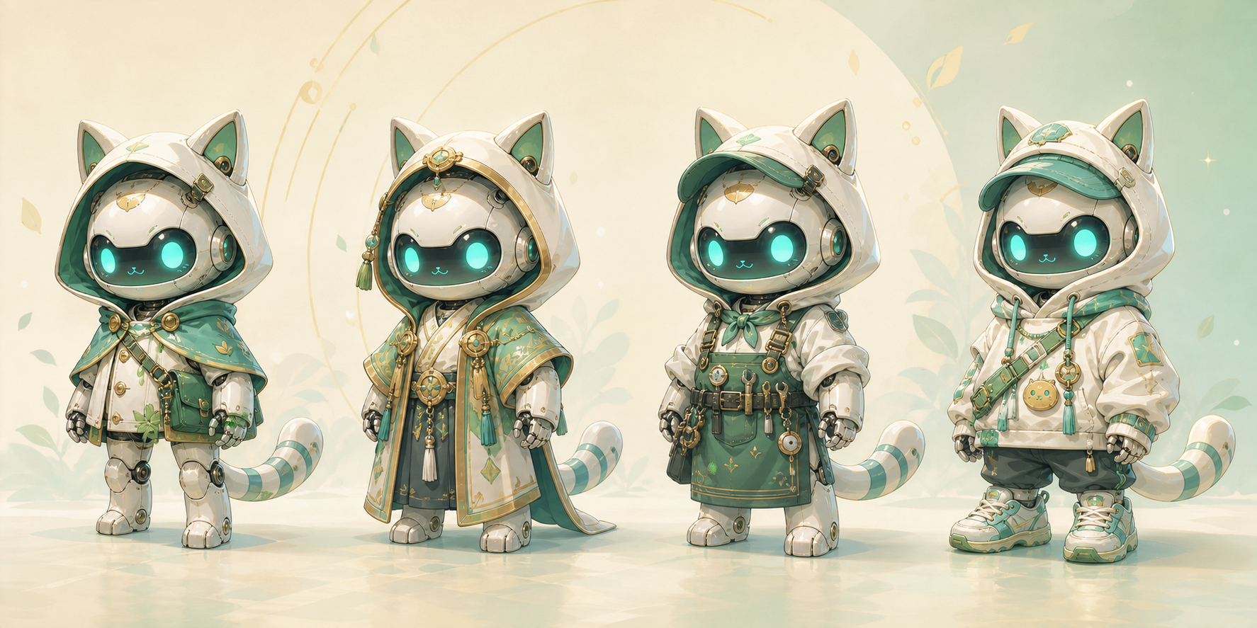 Four Robotichood robotic cat character designs