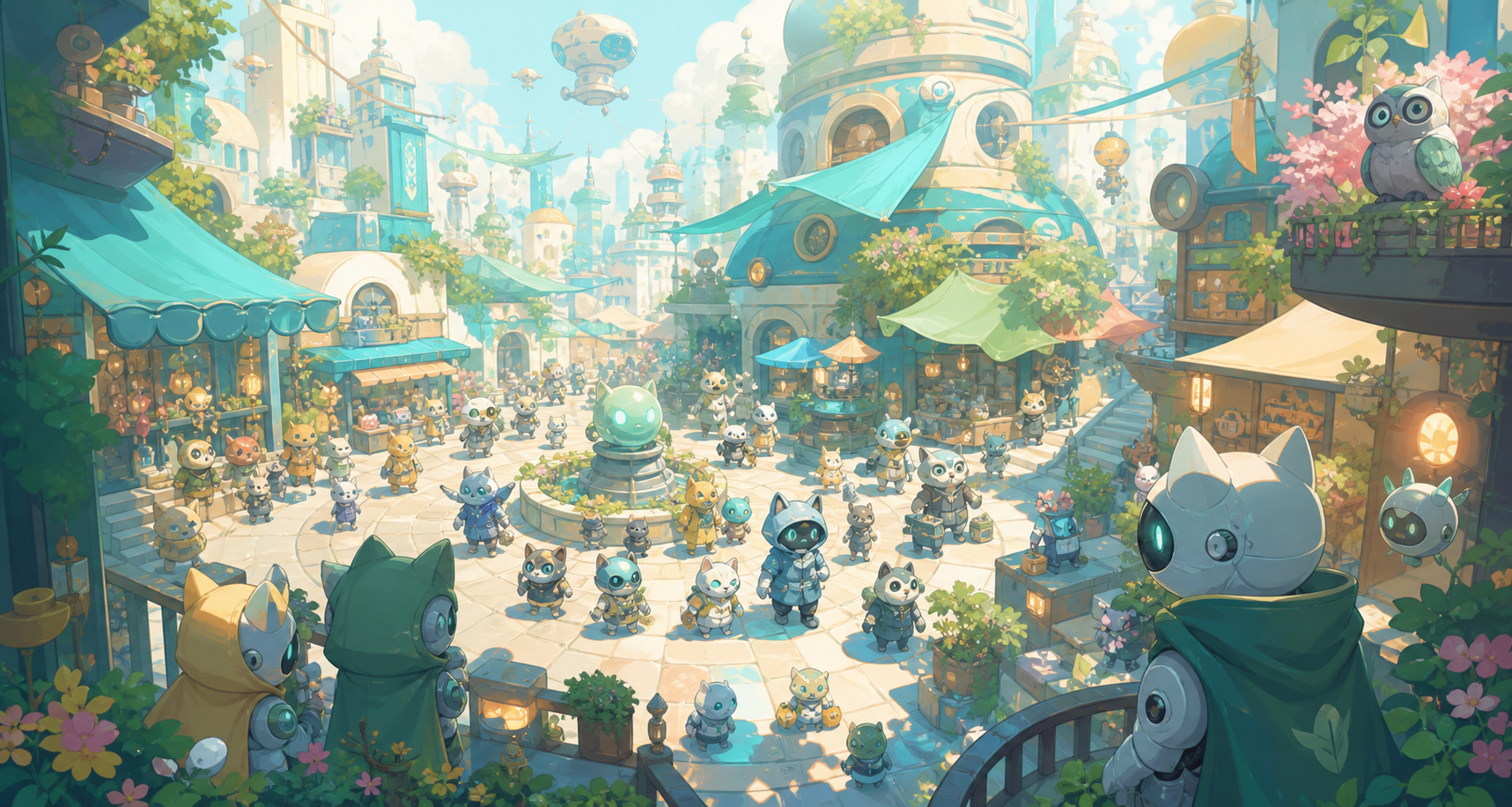 Robotic cats gathering in the town square